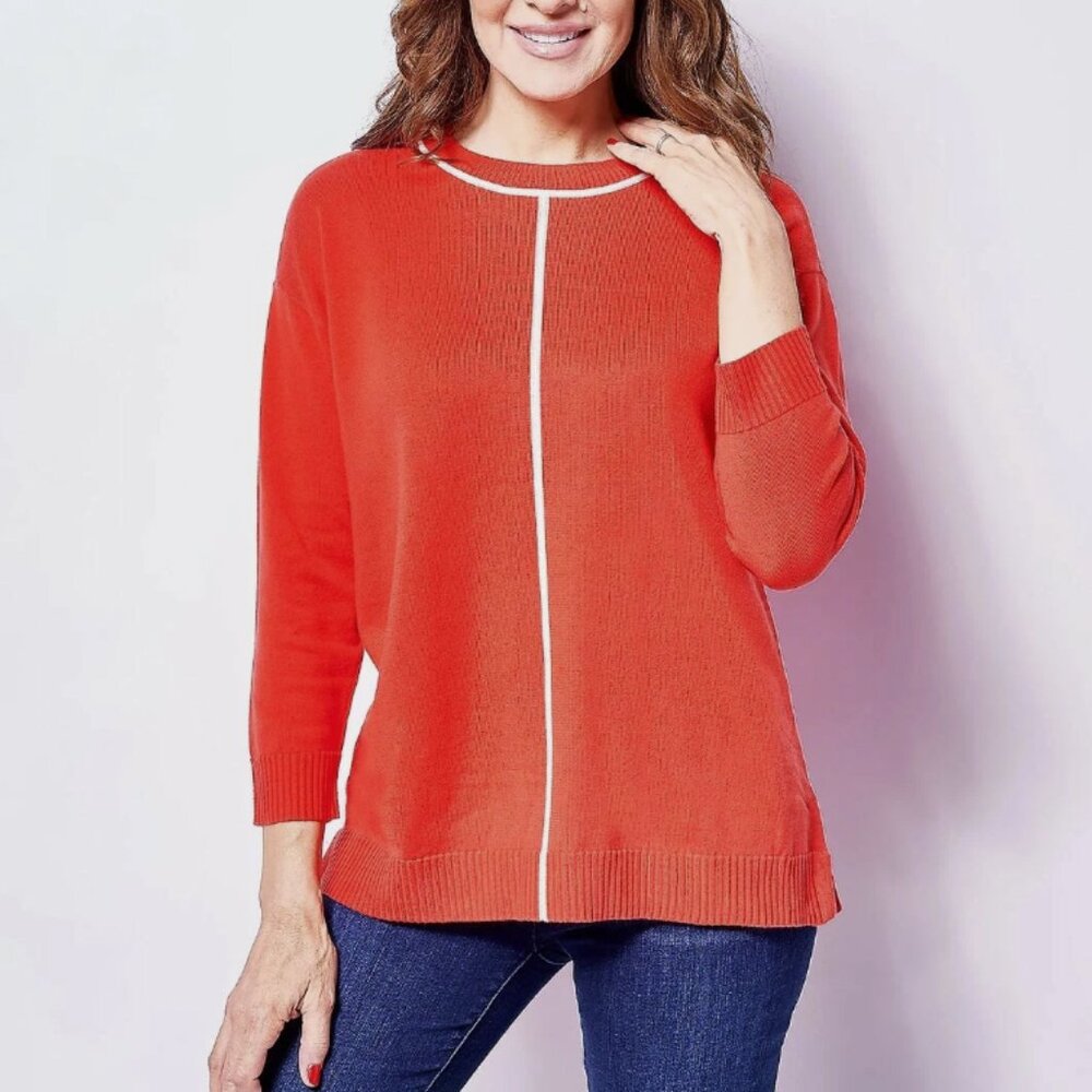 Isaac Mizrahi Sweater size XL Drop Shoulder Pullover with Contrast Piping Red
